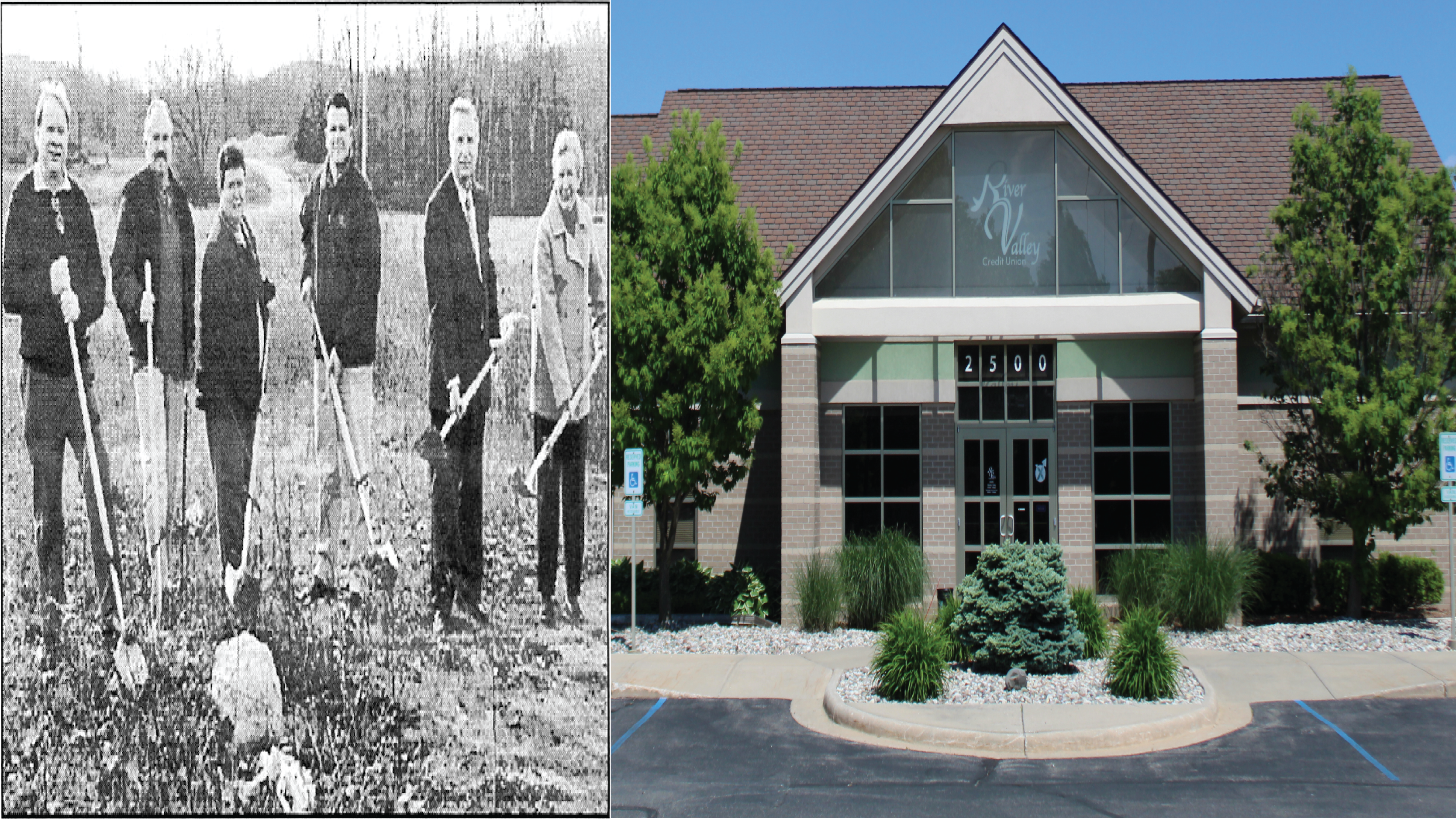 side by side picture of ground breaking and current lowell building