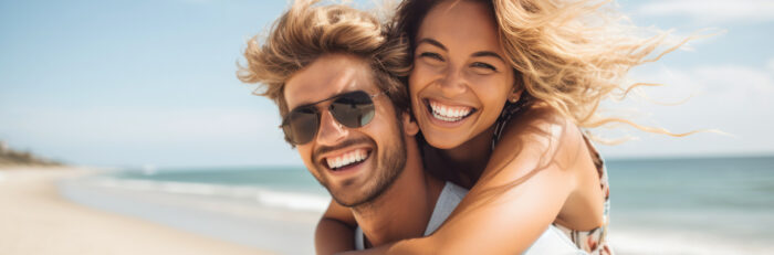 Young adult couple at the beach in the sunshine, woman is on man's back