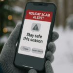 Gloved hands holding a smartphone displaying a ‘Holiday Scam Alert’ message outdoors in a snowy winter setting.