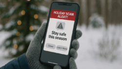Gloved hands holding a smartphone displaying a ‘Holiday Scam Alert’ message outdoors in a snowy winter setting.