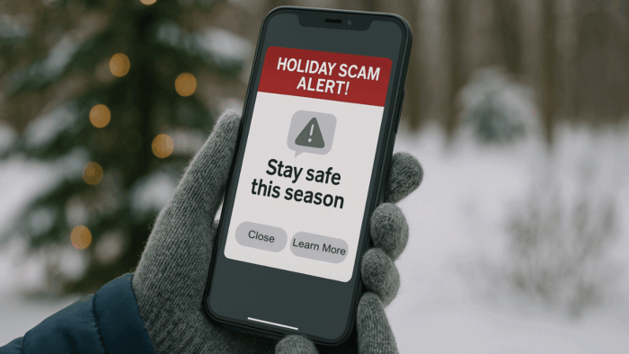 Gloved hands holding a smartphone displaying a ‘Holiday Scam Alert’ message outdoors in a snowy winter setting.