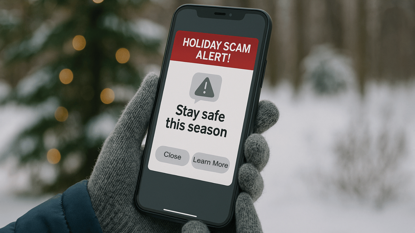 Gloved hands holding a smartphone displaying a ‘Holiday Scam Alert’ message outdoors in a snowy winter setting.