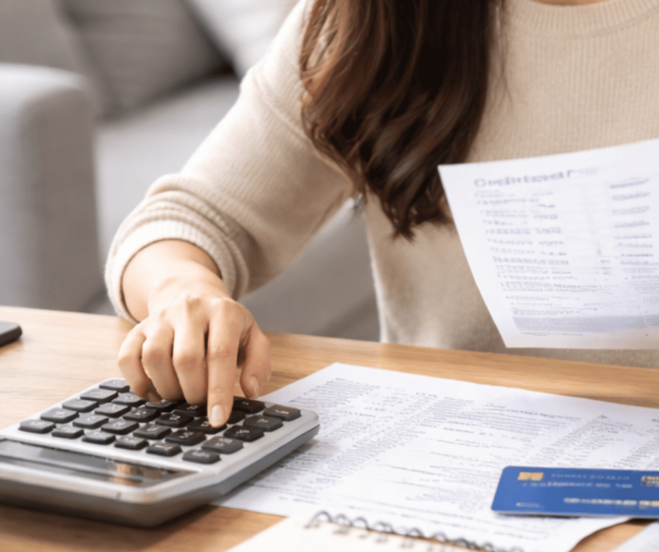 woman calculating credit card debt and reviewing bills at home with calculator and credit card