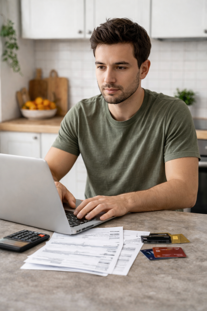 Young adult man sitting at a kitchen counter using a laptop with credit card bills, credit cards, and calculator while reviewing finances.