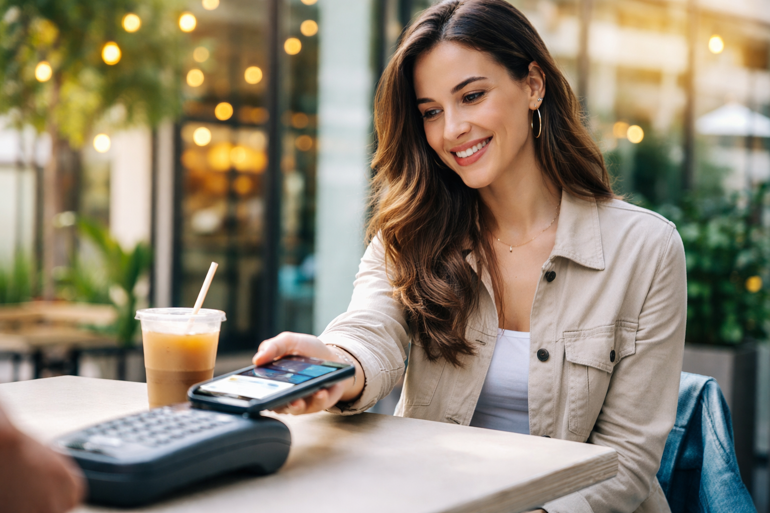Member using a smartphone to make a digital wallet payment at a cafe with a River Valley Visa card added to the device