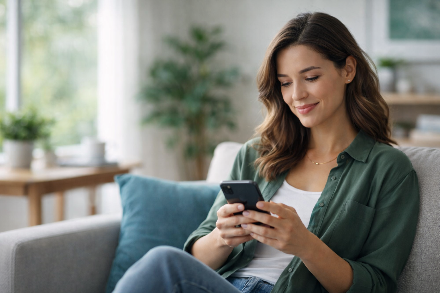 River Valley Credit Union member using a smartphone at home in natural light