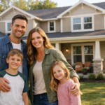 Family standing in front of their new home after completing the homebuying process