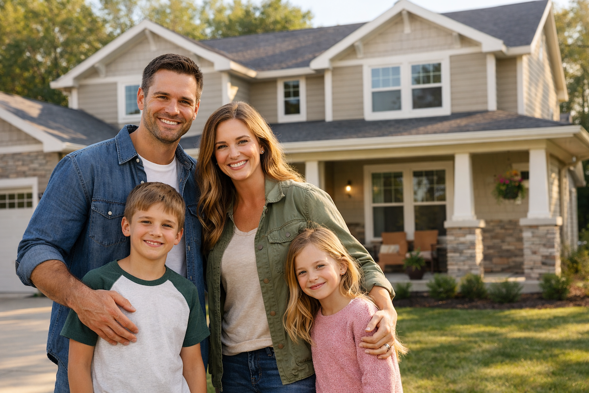 Family standing in front of their new home after completing the homebuying process
