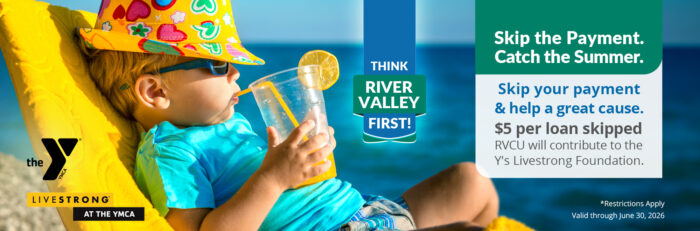 Family enjoying a sunny day in a swimming pool while wearing oversized yellow sunglasses and floating on a bright yellow raft. Text promotes River Valley summer loan options with the headline, “From Pool Dreams to Summer Plans, We’re Here to Help.”